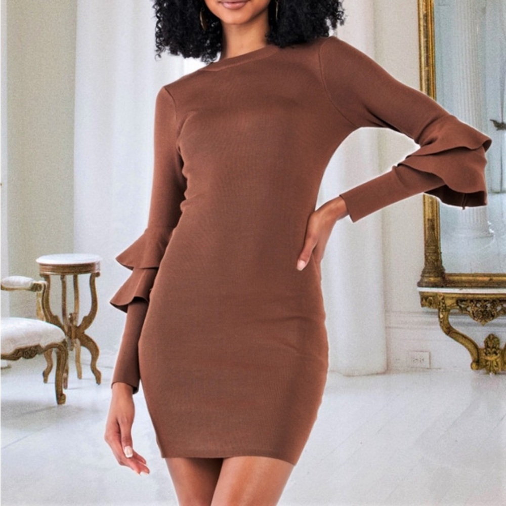 DRESS SETTLEDOWN Women’s Stretch Long Sleeved Ruffled Sweater Dress In Brown “S”